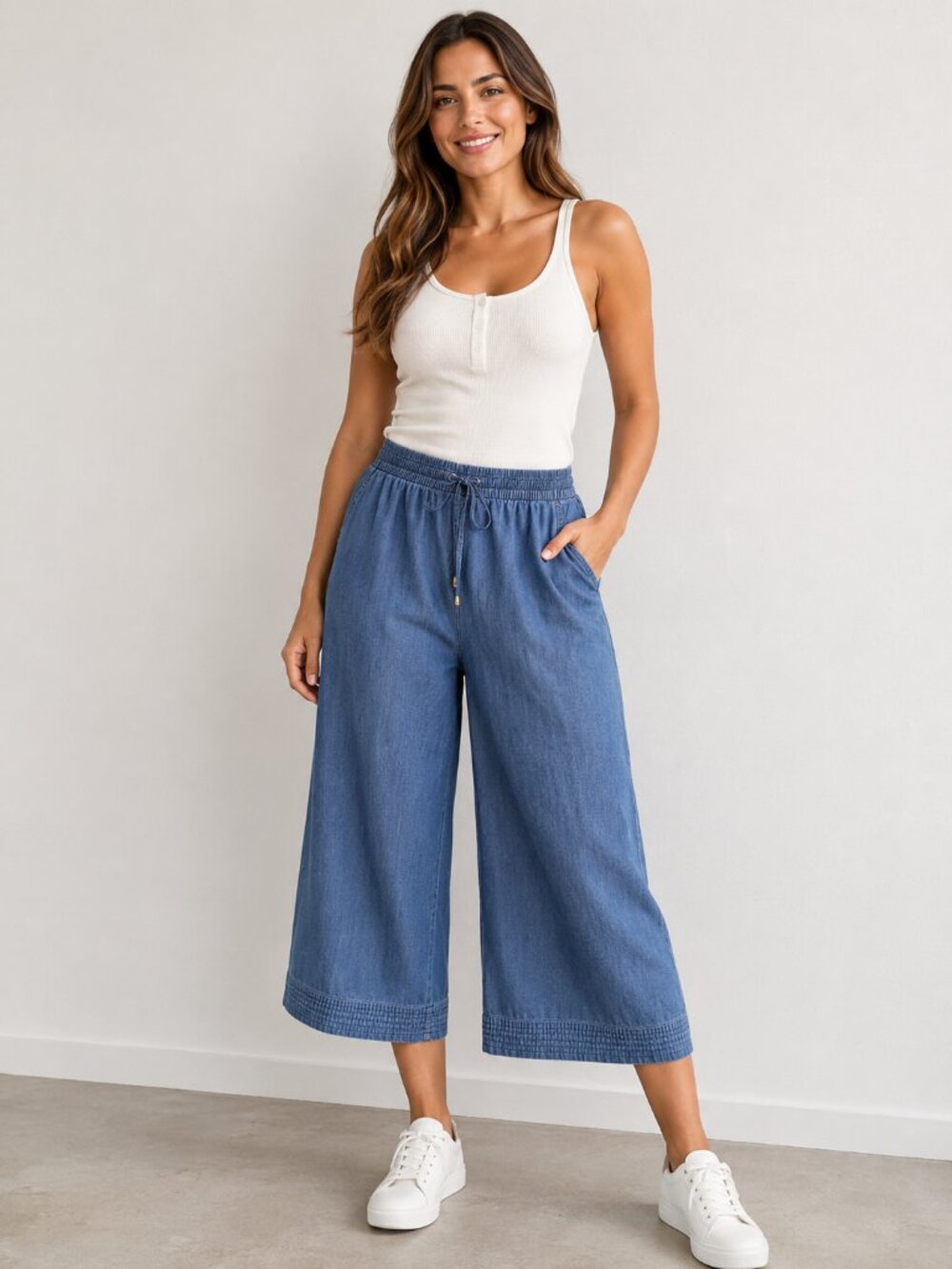 Michael Kors Chambray Cropped Wide Leg Pull On Pants Blue Size 12 Cotton